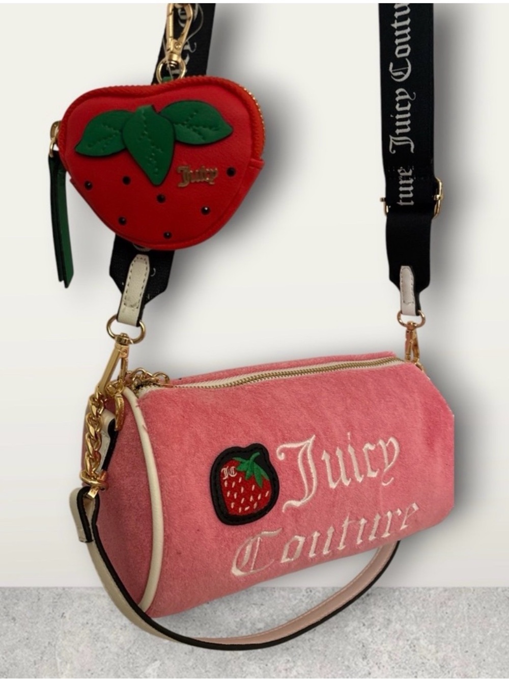 Juicy Couture Pink Velvet Barrel Bag with Strawberry Patch - Picture 4 of 5
